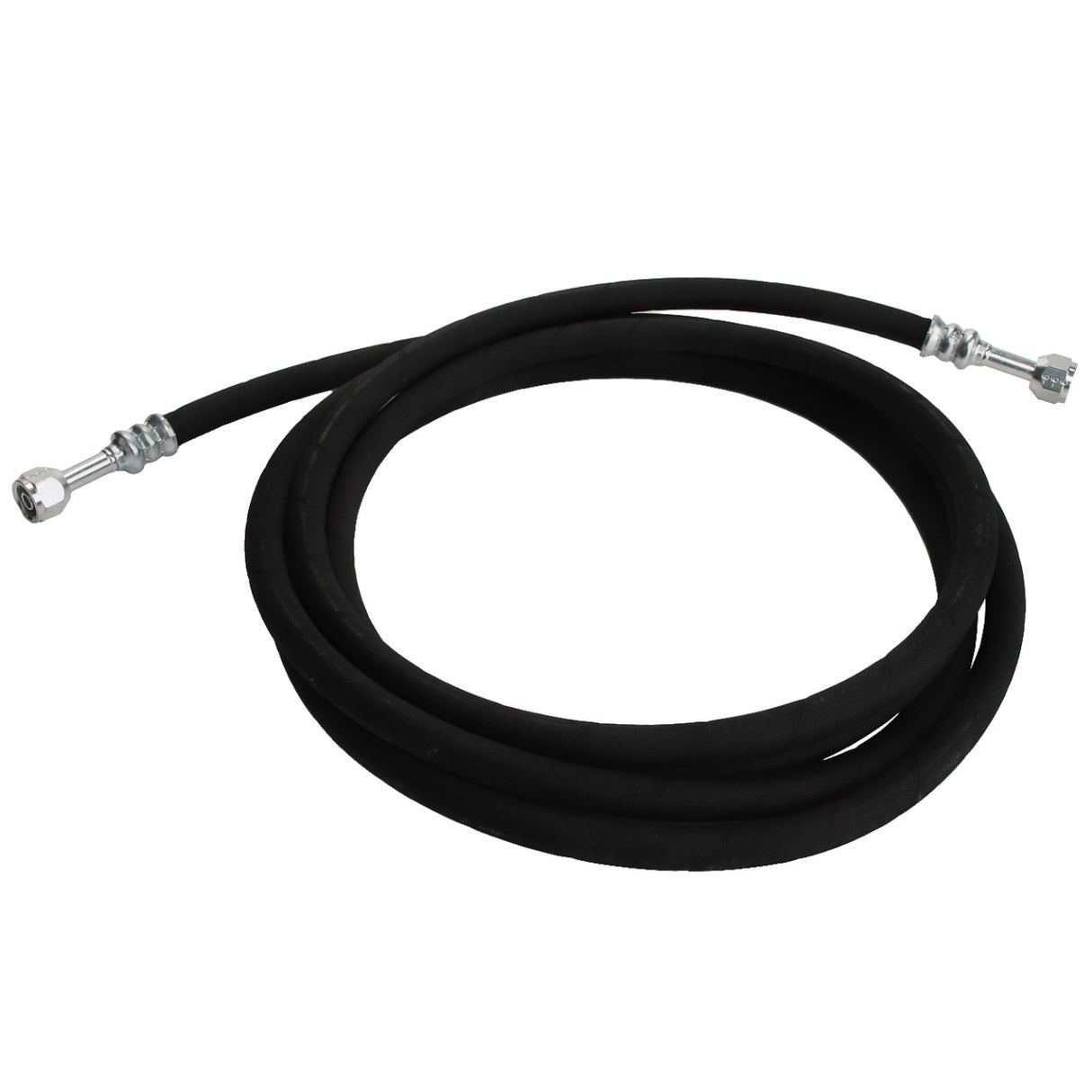 Currently, there is no detailed product description available, but the AGCO Bulk Hose - Acw1884150 comes as a coiled black hydraulic hose equipped with metal fittings on both ends.