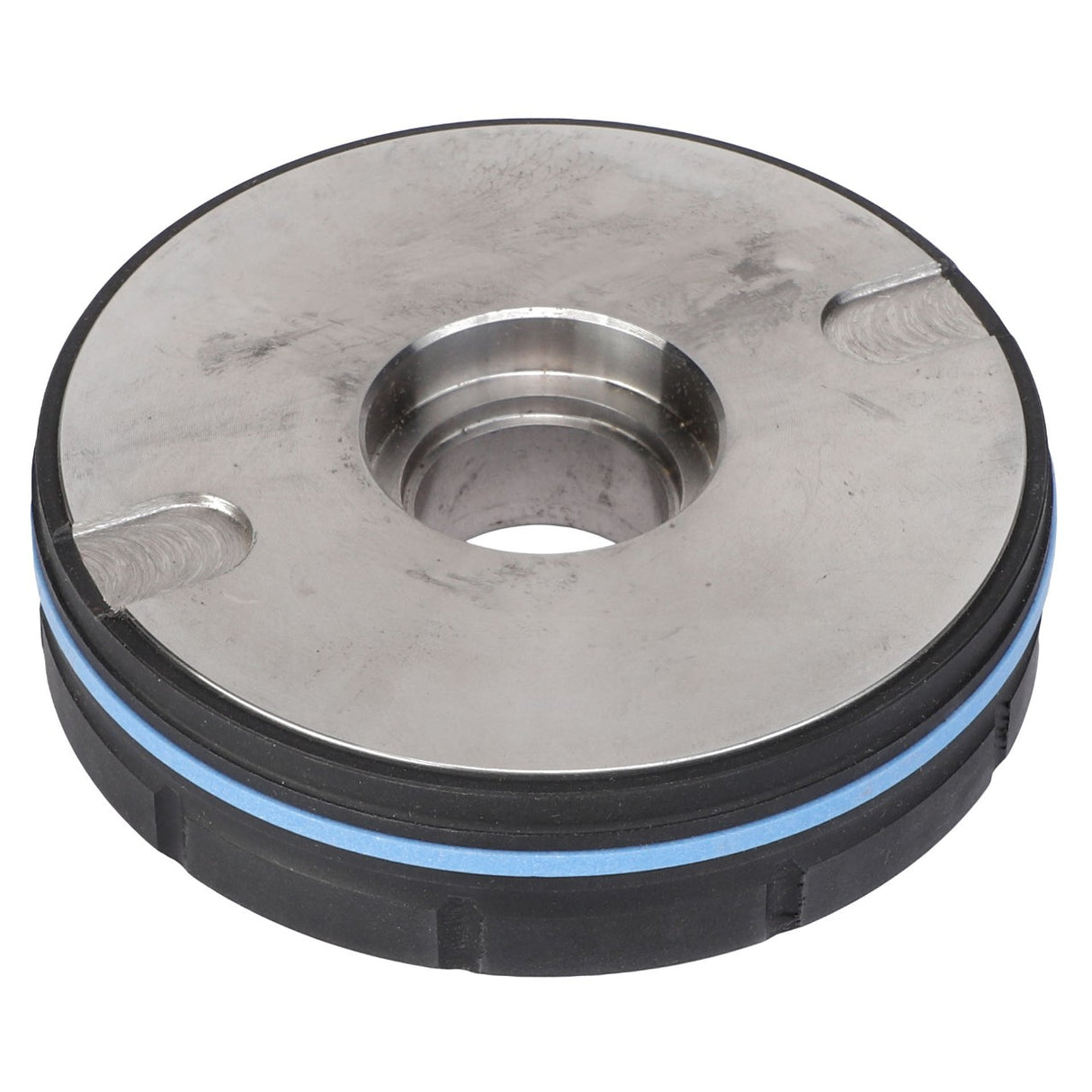 The AGCO | Cylinder Piston - Sn16847 is a sleek metallic circular machine part featuring a central hole, complemented by a durable rubber side seal.