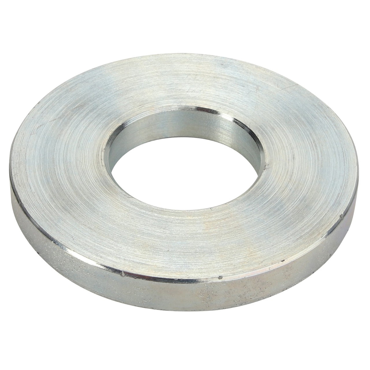 Introducing the AGCO | HINGE - D28182590, a meticulously crafted large circular metal washer designed with a central hole, boasting a smooth polished surface and uniform thickness.