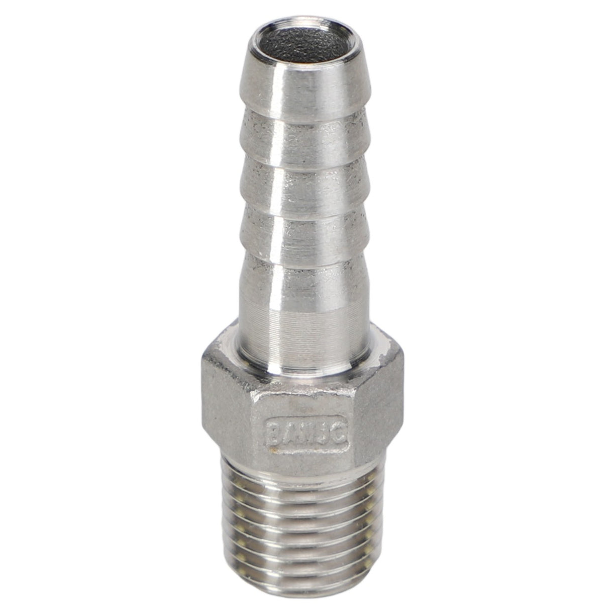 Introducing the AGCO HOSE BARB - AG053727. This metal hose barb fitting features a threaded end for easy connection, a ribbed section for secure hose attachment, and a hexagonal base for tightening. For any questions about this product, reach out to our support team.