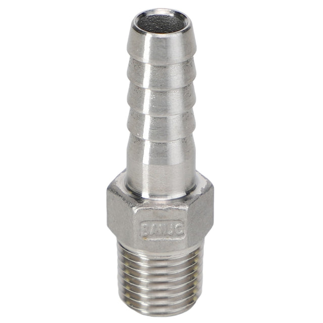 Introducing the AGCO HOSE BARB - AG053727. This metal hose barb fitting features a threaded end for easy connection, a ribbed section for secure hose attachment, and a hexagonal base for tightening. For any questions about this product, reach out to our support team.