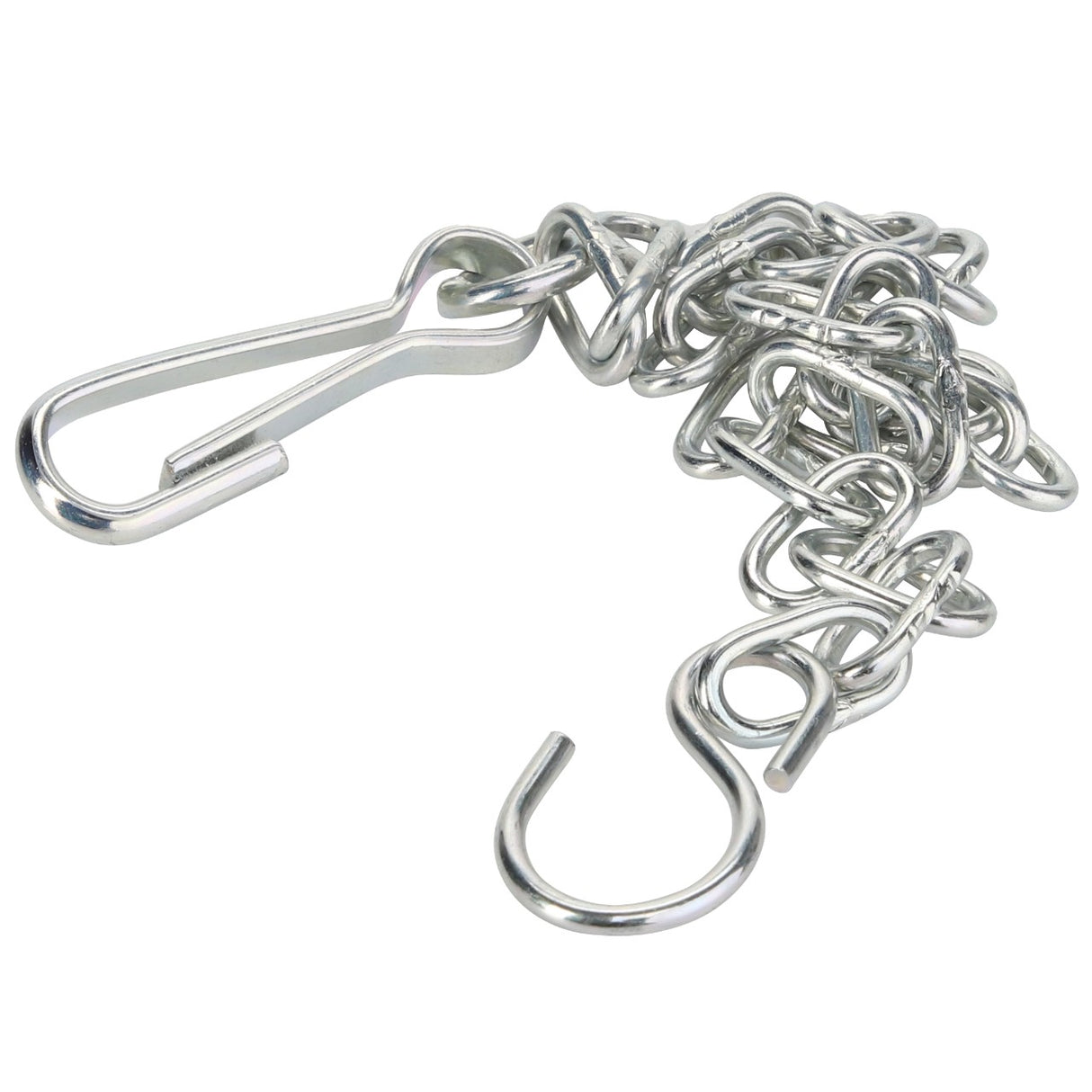 Introducing the AGCO Chain Cardan Shaft - D46150381, a genuine chain known for its high fatigue strength, featuring a coiled silver metal design with one open hook and one closed hook at each end.