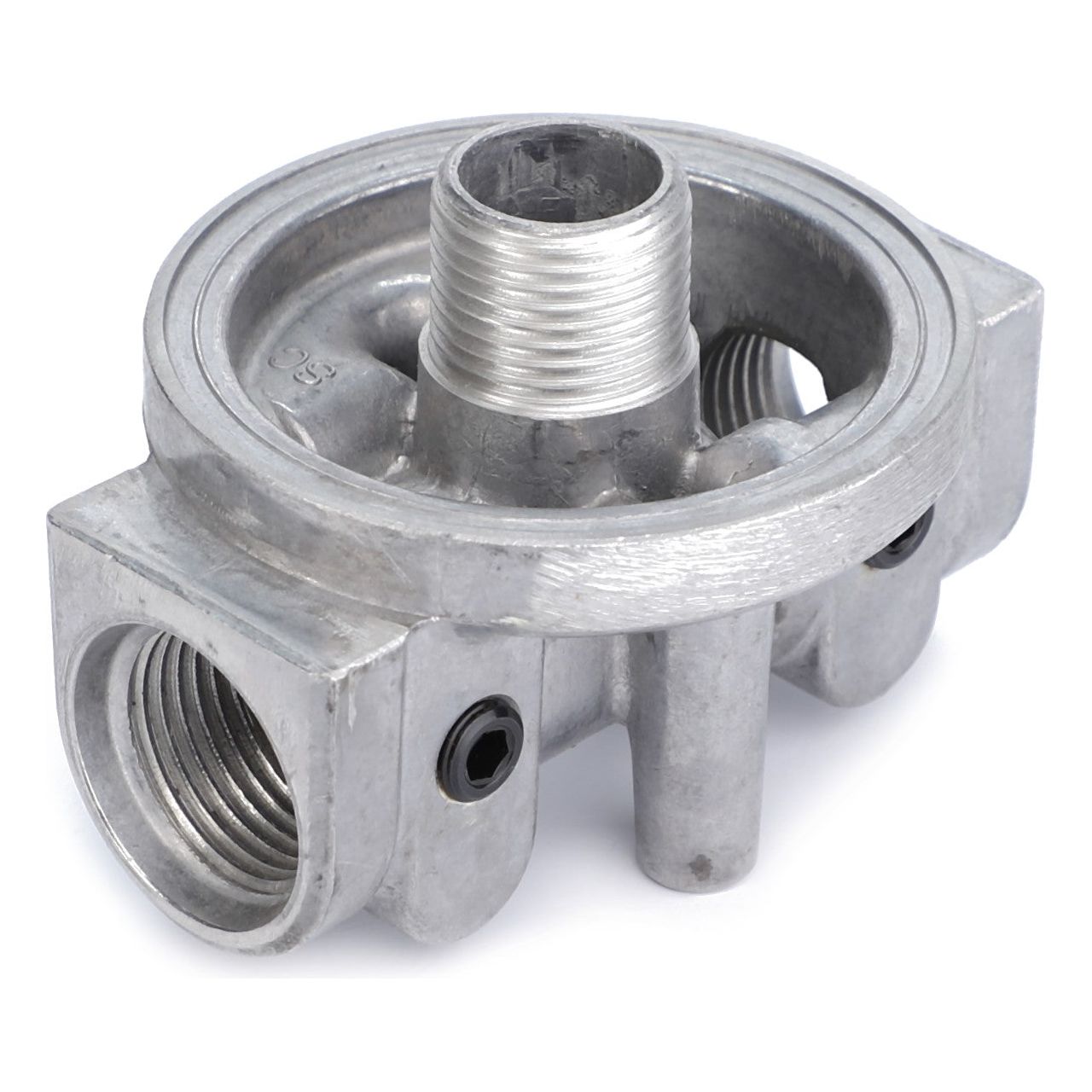 The AGCO Fuel Filter Head Housing - 6223538M1 is a cylindrical metal fitting with multiple threaded ports, designed for connecting pipes or hoses in a hydraulic system.