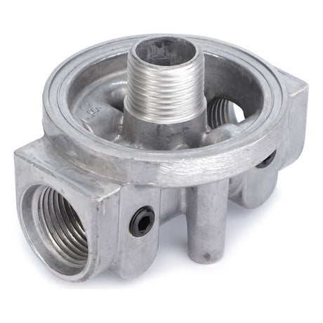 The AGCO Fuel Filter Head Housing - 6223538M1 is a cylindrical metal fitting with multiple threaded ports, designed for connecting pipes or hoses in a hydraulic system.