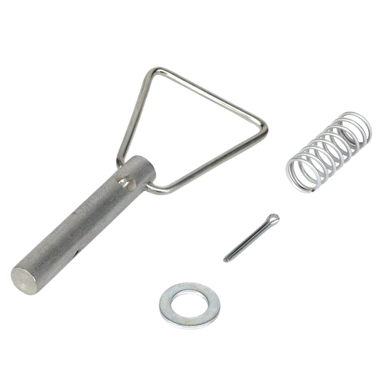 The AGCO | PLUNGER - AG719737, a metal pin with a triangular handle, accompanied by a spring, washer, and small cotter pin, is thoughtfully arranged on a plain white background. No current product description information available.