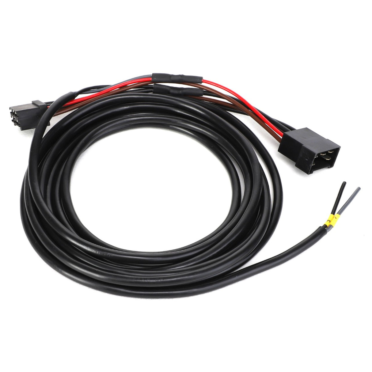 Product Description:
Introducing the AGCO | HARNESS - AL5102087 by AGCO. This product features a coiled black cable with red and black wires at one end and a black connector plug at the other.