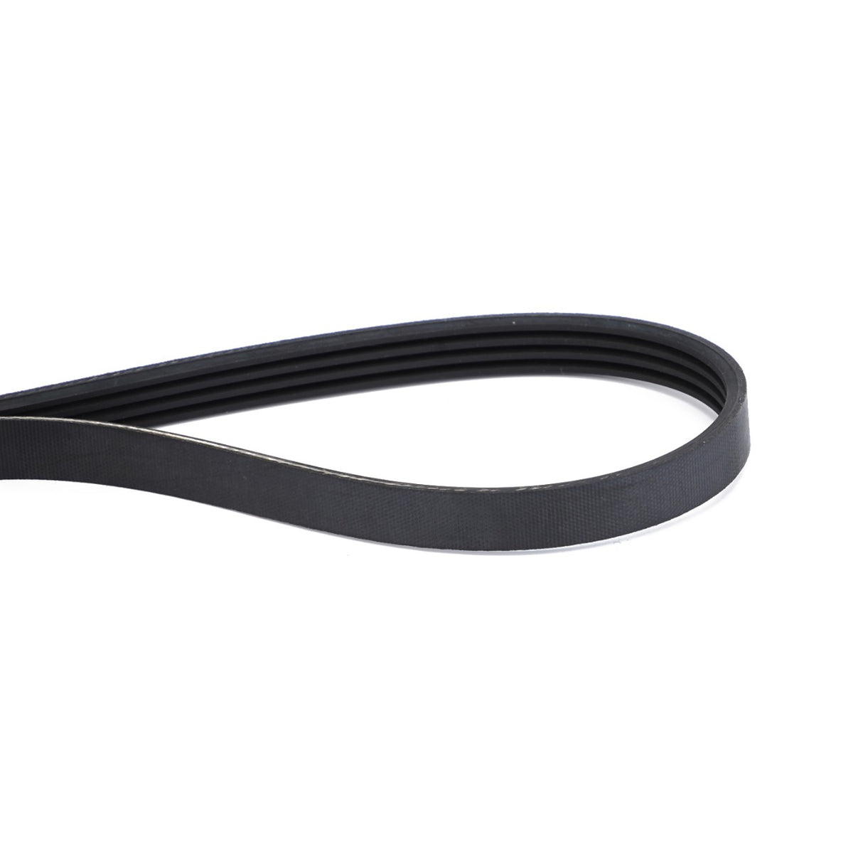 A black, flat, rubber drive belt with a looped end on a white background, crafted for optimal performance and specific fitment, from AGCO | Serpentine Belt, Pk4 Profile - 4357845M1 by AGCO.