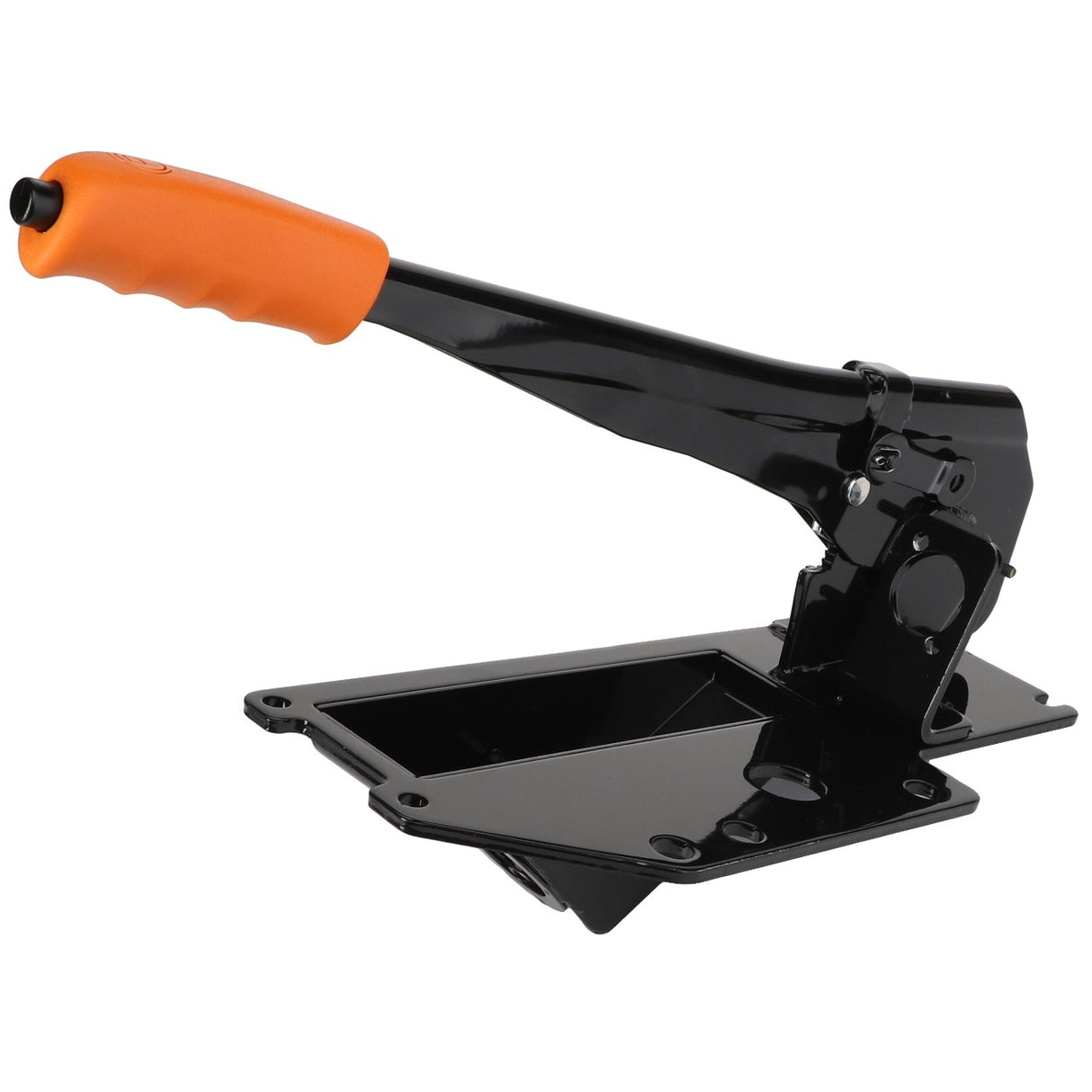 A versatile AGCO hand brake lever in black, featuring a bright orange handle, perfect for cutting or crimping, and securely mounted on a stable flat base.