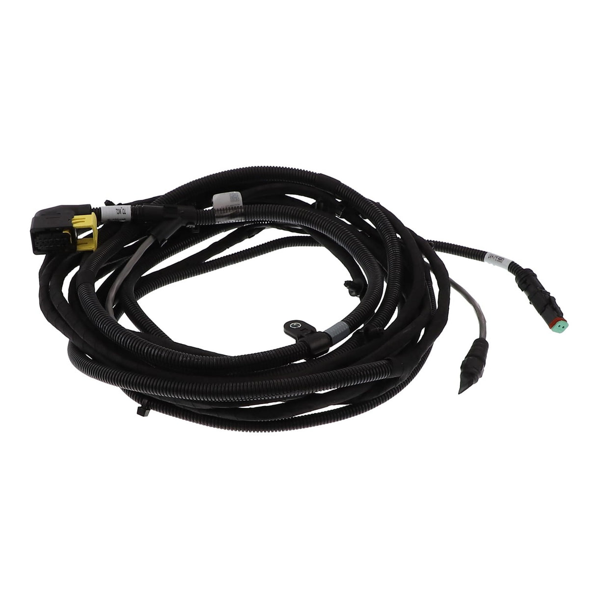 A coiled bundle of black electrical wires with connectors on both ends, known as the AGCO | Unloader Auger Harness - Acx248577A by AGCO. No current product description information is available.