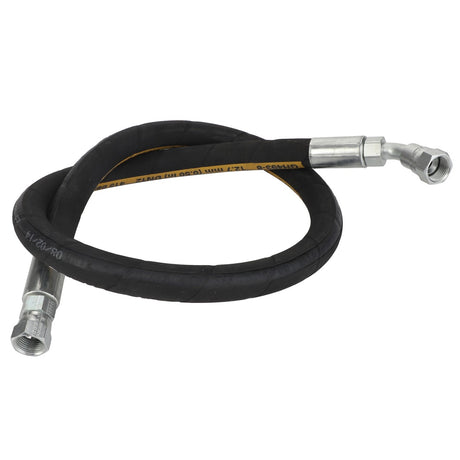 No current product description information is available for the AGCO Hydraulic Hose (D46150582), a coiled black hydraulic hose with metal fittings on both ends.