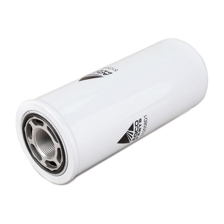 The AGCO Filter Element - 512558D1 is a white, cylindrical automotive oil filter with a metal base and threading for attachment, featuring printed text and logos on its surface. It is suitable for Massey Ferguson machinery.