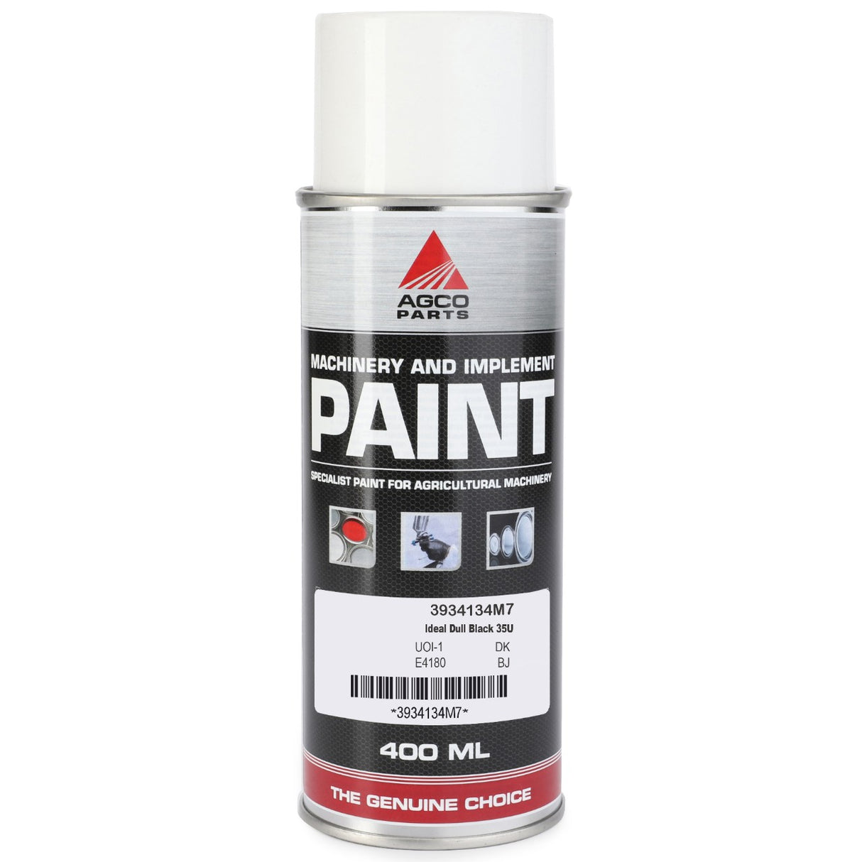 A 400 ml can of AGCO Parts Ideal Dull Black 35U aerosol paint, SKU 3934134M7. The label indicates it is perfect for quick-drying touch-up paint on metal surfaces and has UOH 7Q1, E4180, BJ.