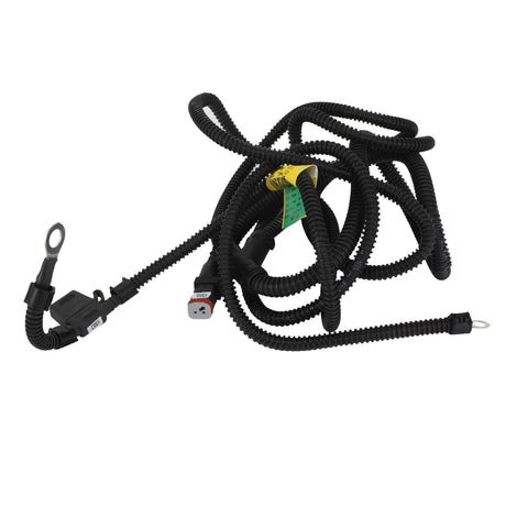 The AGCO Harness - Acw0605250 is a coiled black electrical wiring harness featuring connectors at both ends, some labeling, and a yellow tag.