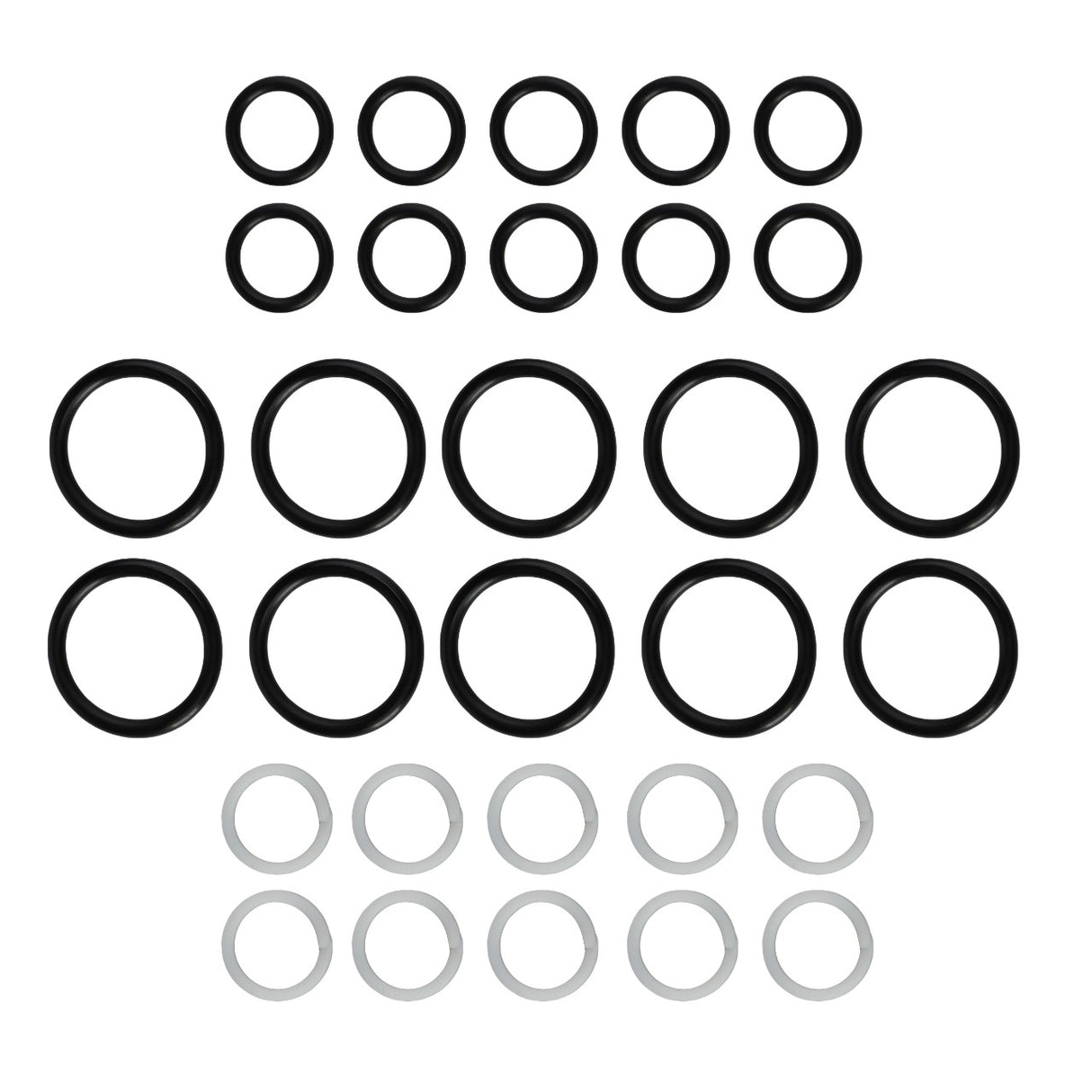 A collection of AGCO SEAL KIT Control Valve O-rings arranged in a pattern, featuring larger black rings centrally positioned and smaller white rings at the bottom. No current product description information is available.