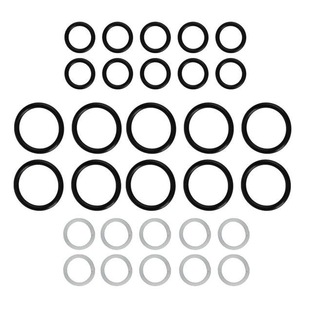 A collection of AGCO SEAL KIT Control Valve O-rings arranged in a pattern, featuring larger black rings centrally positioned and smaller white rings at the bottom. No current product description information is available.