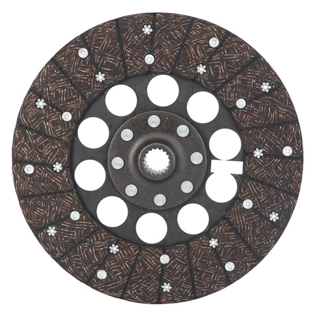 Close-up of the AGCO | CLUTCH DISC - V218080, featuring a round metal design with a toothed inner hub, multiple circular holes, and a textured pattern on the outer surface.