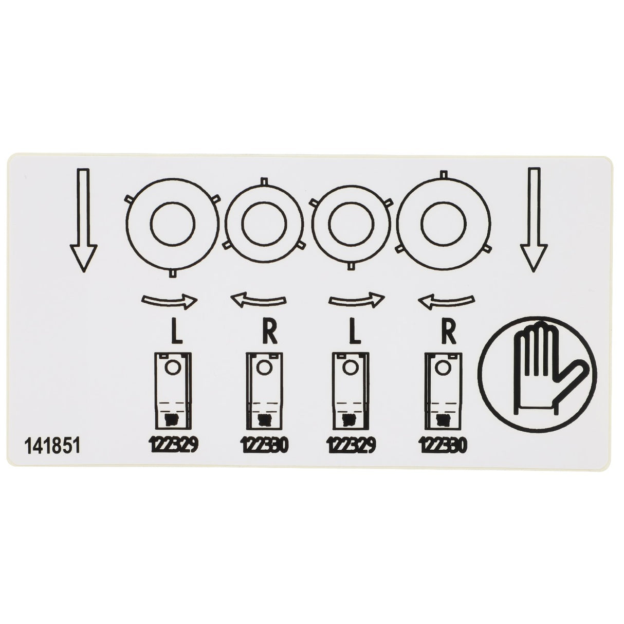 Diagram showing four circular objects with rotational arrows and two vertical binary switches labeled "L" and "R." There's also a hand symbol indicating to stop. Product Name: AGCO | Decal - Fel141851. Brand Name: AGCO. Number "141851" is at the bottom left.