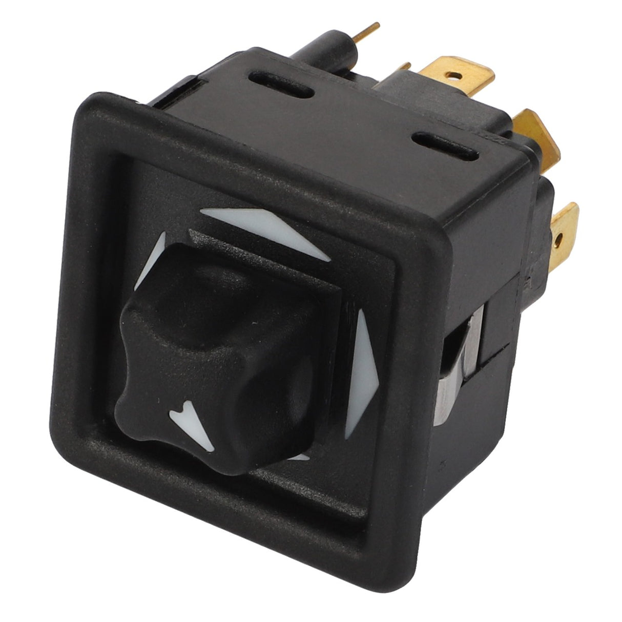 The AGCO SWITCH - D44900761 is a black rocker switch with white arrows indicating up and down directions and features brass prongs for electrical connections.