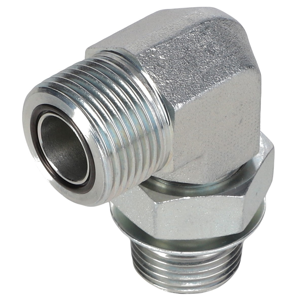 Image of the AGCO | ELBOW FITTING - CH148-8347, a metal elbow pipe fitting with threaded ends designed for connecting pipes at a 90-degree angle. This male O-ring 90° fitting ensures a secure and leak-proof connection from the trusted brand AGCO.