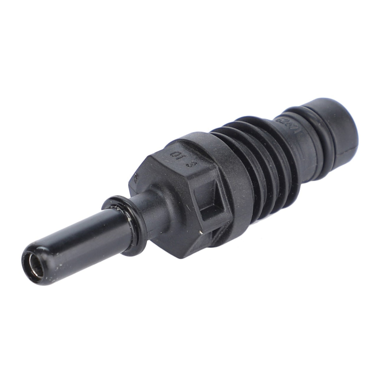 Close-up image of the AGCO | Def Connector - V837079429, a black plastic automotive fitting used frequently in Fendt and Massey Ferguson models. It features a cylindrical shape with a threaded middle section and a narrower end for attachment.