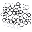 A variety of black and white O-rings of different sizes, displayed on a white background, ideal for 4WD or Massey Ferguson uses; part of the AGCO Kit, Joint - 3792241M1.