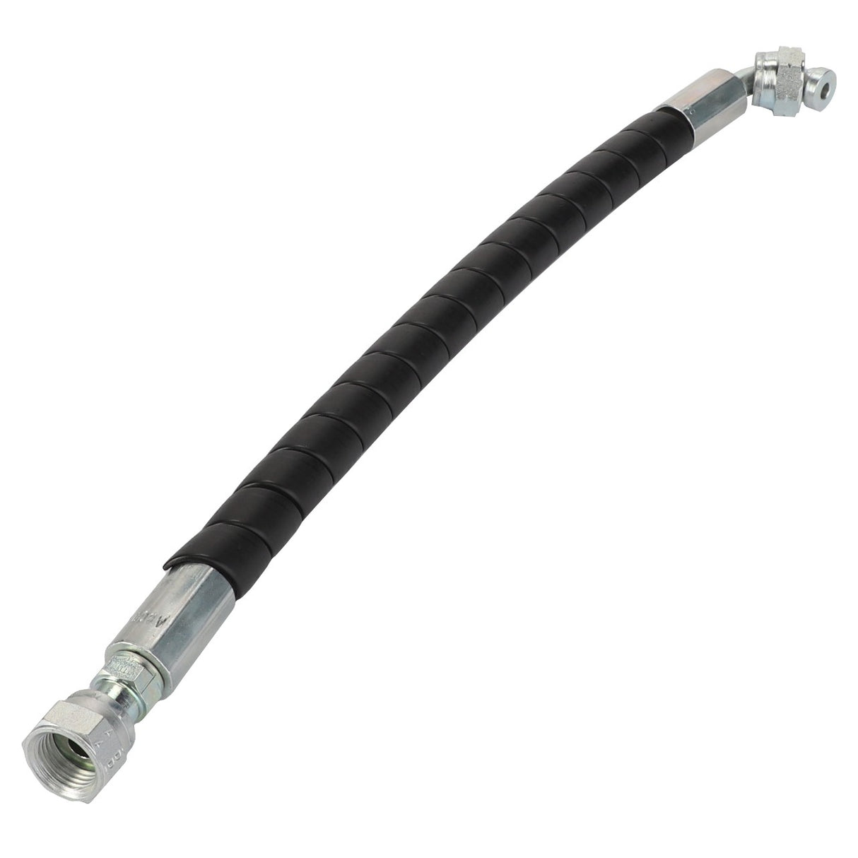 Introducing the AGCO Hydraulic Hose - Acw4242590: a flexible hydraulic hose featuring durable metal connectors on both ends and a black protective covering along its entire length.