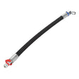 The AGCO Hose - Acw7459920 by AGCO is a flexible black hose equipped with metal connectors on both ends, featuring one angled connector and one straight connector with a red lever.