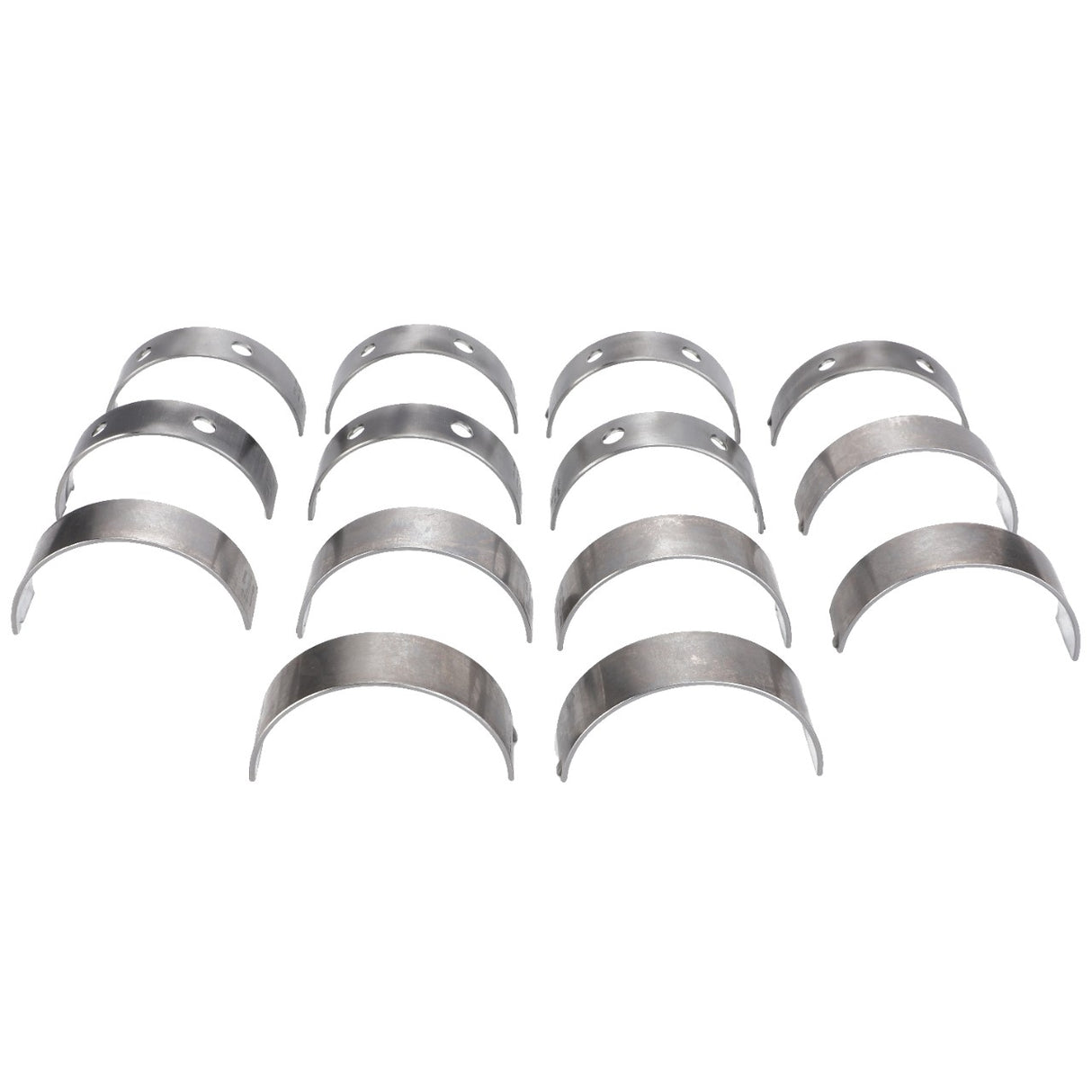 Array of fourteen metallic, curved engine bearings from the AGCO Kit (Acp0397070), arranged in three rows on a white background.