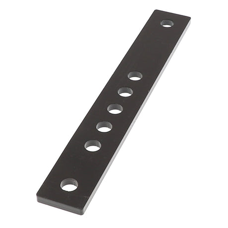The AGCO Adjusting Bar - Acp0015970 is a rectangular black metal bar with six evenly spaced circular holes, ideal for various mounting or installation needs.