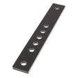 The AGCO Adjusting Bar - Acp0015970 is a rectangular black metal bar with six evenly spaced circular holes, ideal for various mounting or installation needs.