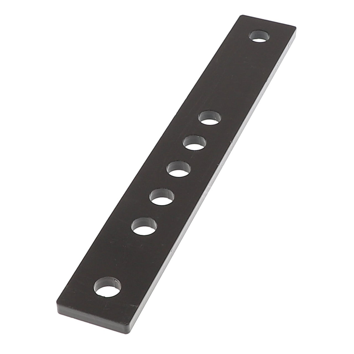 The AGCO Adjusting Bar - Acp0015970 is a rectangular black metal bar with six evenly spaced circular holes, ideal for various mounting or installation needs.