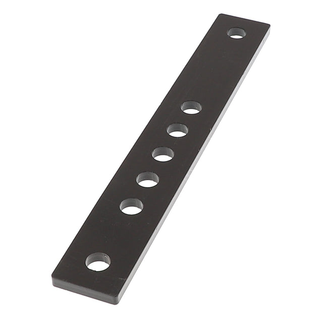 The AGCO Adjusting Bar - Acp0015970 is a rectangular black metal bar with six evenly spaced circular holes, ideal for various mounting or installation needs.