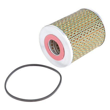 A cylindrical, perforated metal oil filter with a rubber O-ring gasket beside it ensures prolonged service life, making the AGCO Engine Oil Filter Cartridge - 1883288M92 ideal for genuine engine oil filter compatibility.
