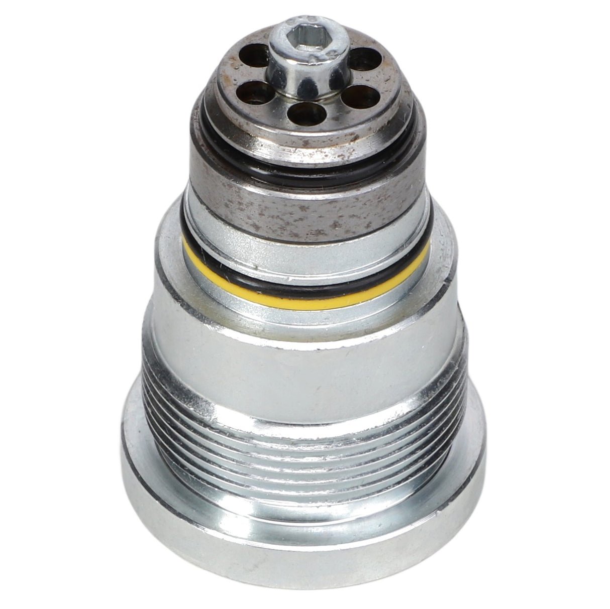 Close-up view of the AGCO | CARTRIDGE - ACW0538770, a metallic mechanical part featuring multiple layers and holes, possibly used in hydraulic or pneumatic systems. This component has threaded sections and showcases a combination of metal finishes. Further product information is currently unavailable.