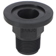 A black, threaded plastic fitting labeled "AGCO | ADAPTER - AG057597" with a wide flange and a circular opening, designed for manifold flange connections.