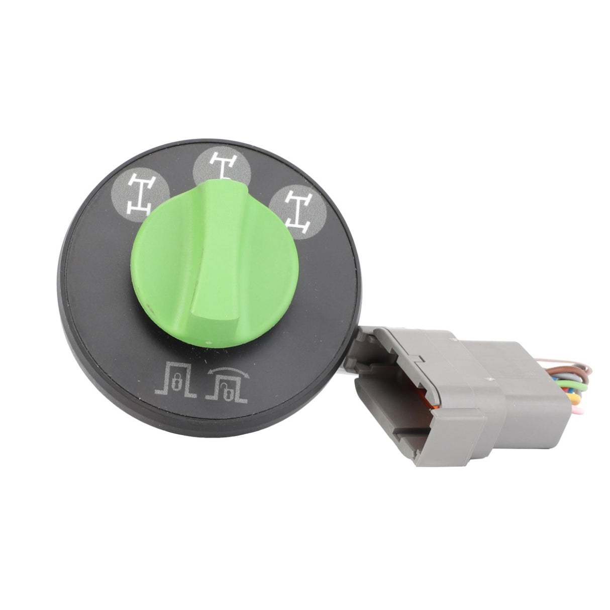 An AGCO rotary switch with three distinct differential lock icons and a connector, featuring the warning decal ACP0536100.