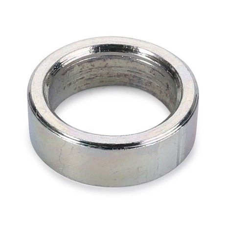 A metallic, circular AGCO | Spacer - 3011219X1 with a reflective surface, featuring a hollow center and a smooth, cylindrical outer edge, reminiscent of the precision found in Fendt tractor models.