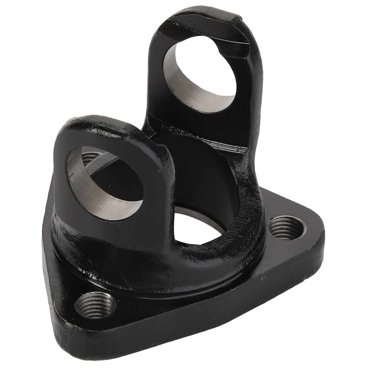 The AGCO YOKE - ATV1402-369 is a black metal component that features two cylindrical holes and a flat, triangular base with two threaded screw holes for secure attachment.