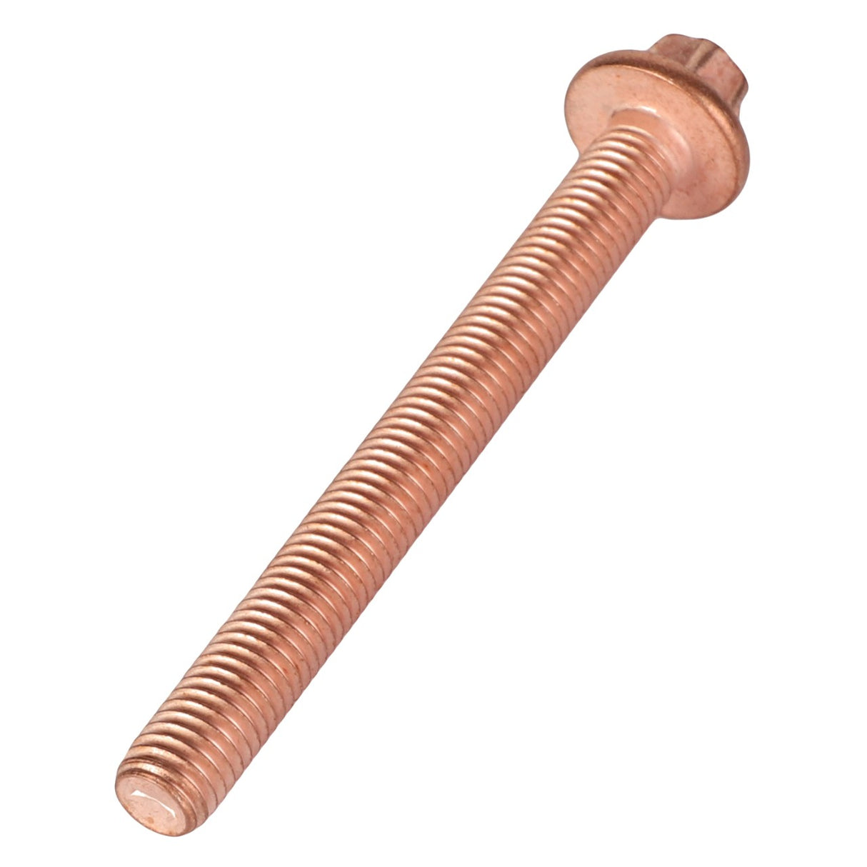 A copper-colored AGCO Hexagon Flange Bolt - Acp0435680, featuring a hexagonal head and an integrated washer, sits elegantly against a pristine white background.