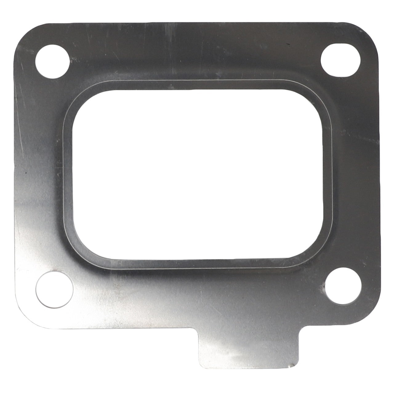 **AGCO | Gasket - F530200090480:**
This metal gasket plate features a rectangular central opening and four circular bolt holes, each positioned in a corner.