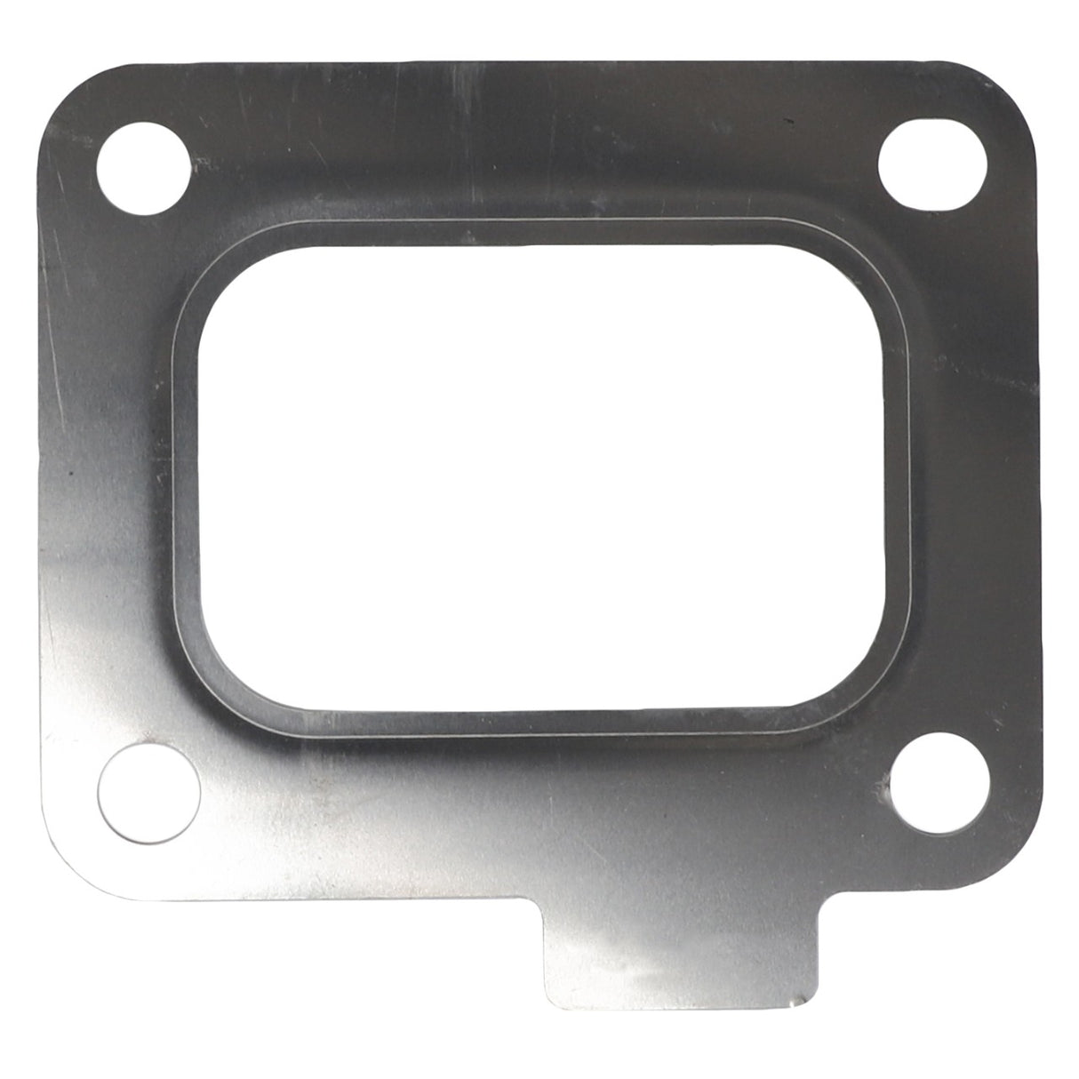 **AGCO | Gasket - F530200090480:**
This metal gasket plate features a rectangular central opening and four circular bolt holes, each positioned in a corner.