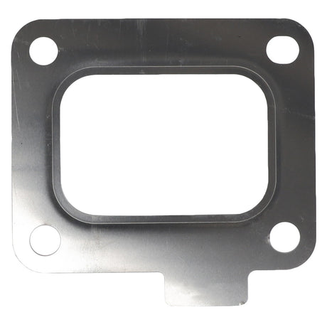 **AGCO | Gasket - F530200090480:**
This metal gasket plate features a rectangular central opening and four circular bolt holes, each positioned in a corner.