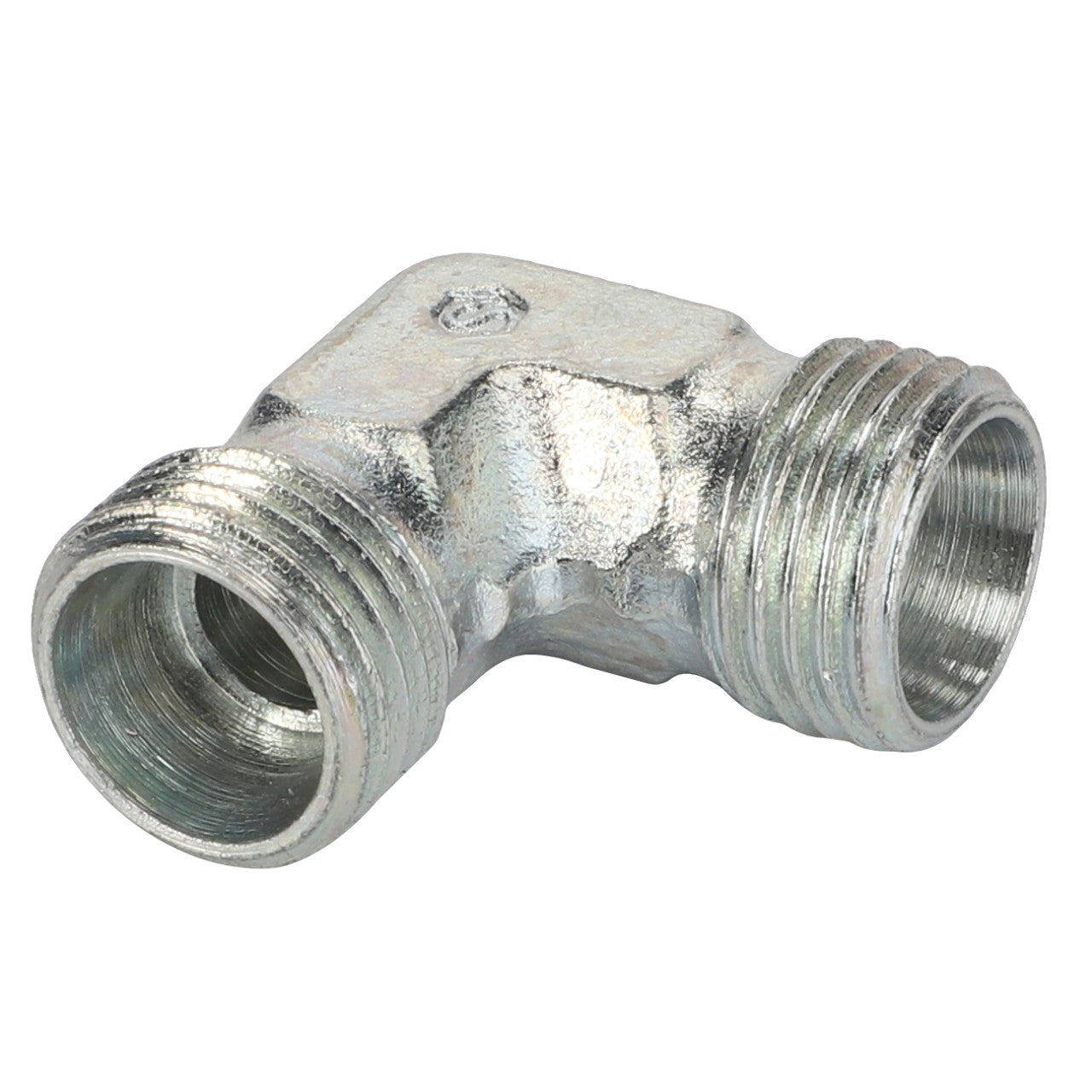 The AGCO Elbow Union - Acw1676590 is a metal 90-degree elbow pipe fitting with threaded ends designed for connecting pipes at a right angle.