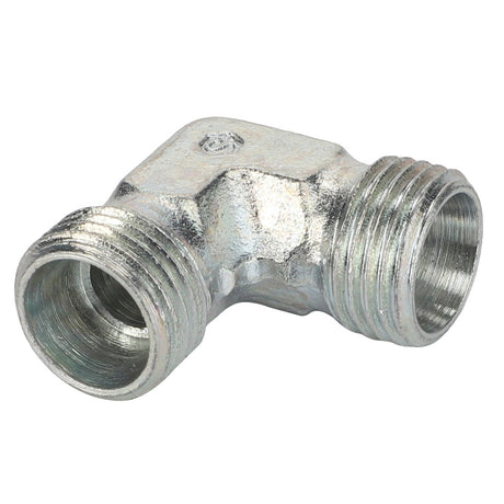 The AGCO Elbow Union - Acw1676590 is a metal 90-degree elbow pipe fitting with threaded ends designed for connecting pipes at a right angle.