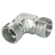 The AGCO Elbow Union - Acw1676590 is a metal 90-degree elbow pipe fitting with threaded ends designed for connecting pipes at a right angle.