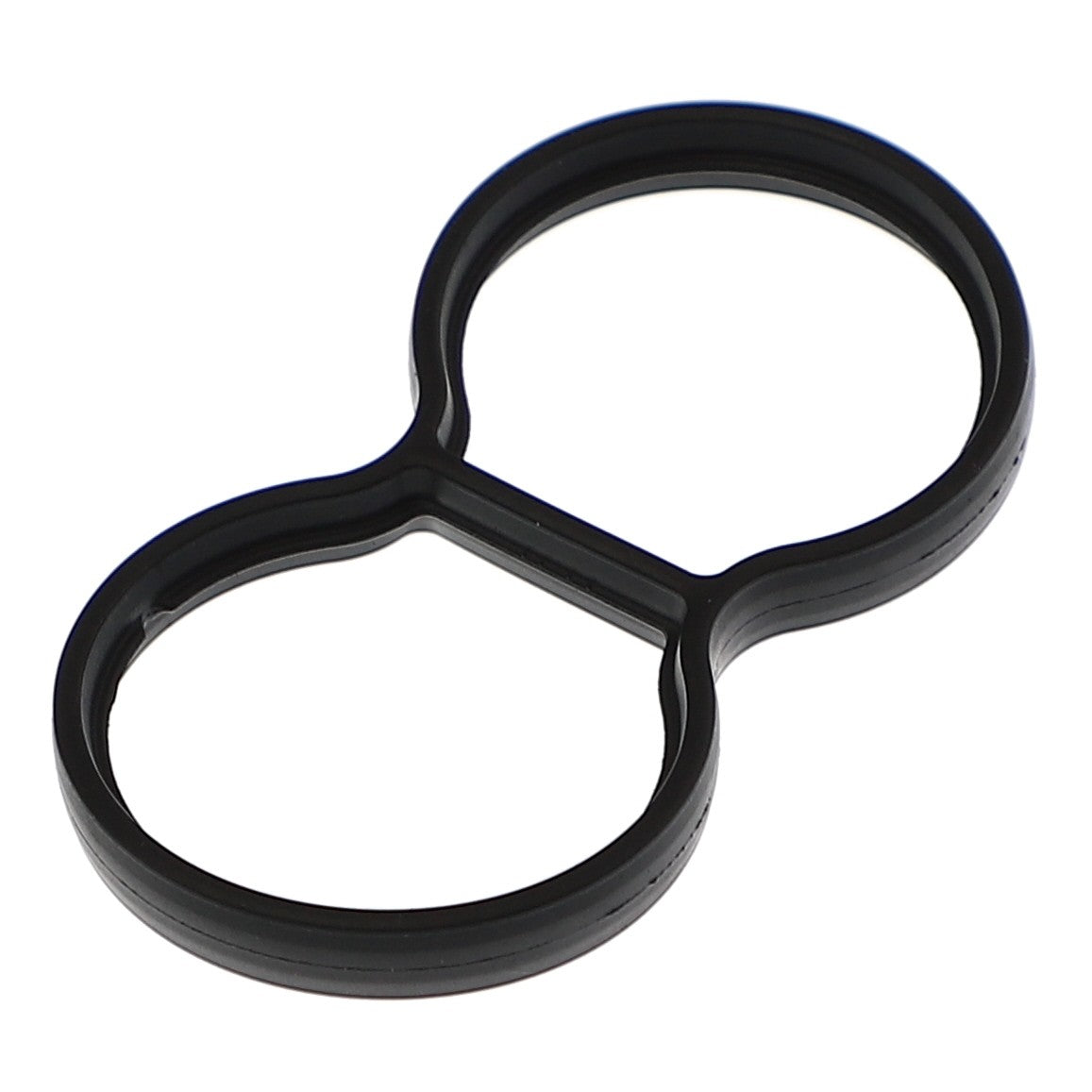 The AGCO Gasket - F530200220160 is a sleek, black rubber double lens protector featuring two circular openings seamlessly connected in the middle.