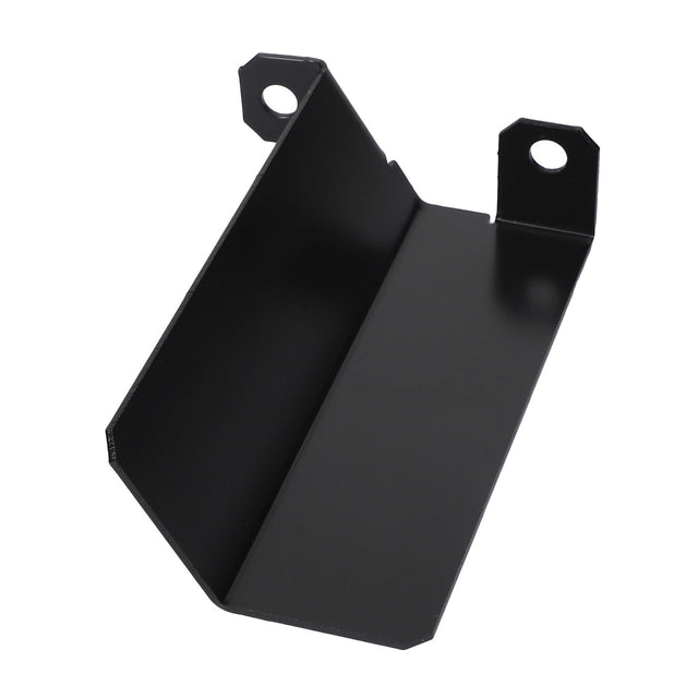 A black metal cowl bracket, AGCO | Cowl - Acw0313250 by AGCO, featuring two mounting holes and an angled design lies on a white background. No current product description information is available.