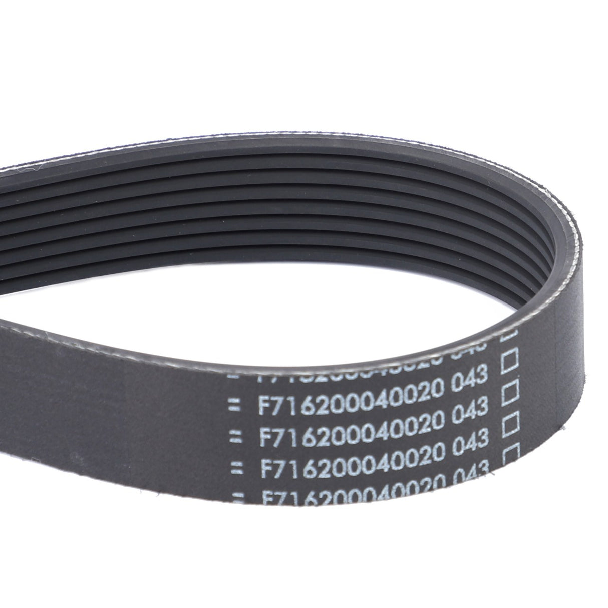 Close-up of an AGCO | Serpentine Belt, Pk8 Profile - F716200040020 with black ribbed surface and white alphanumeric markings, ideal for Massey Ferguson models.
