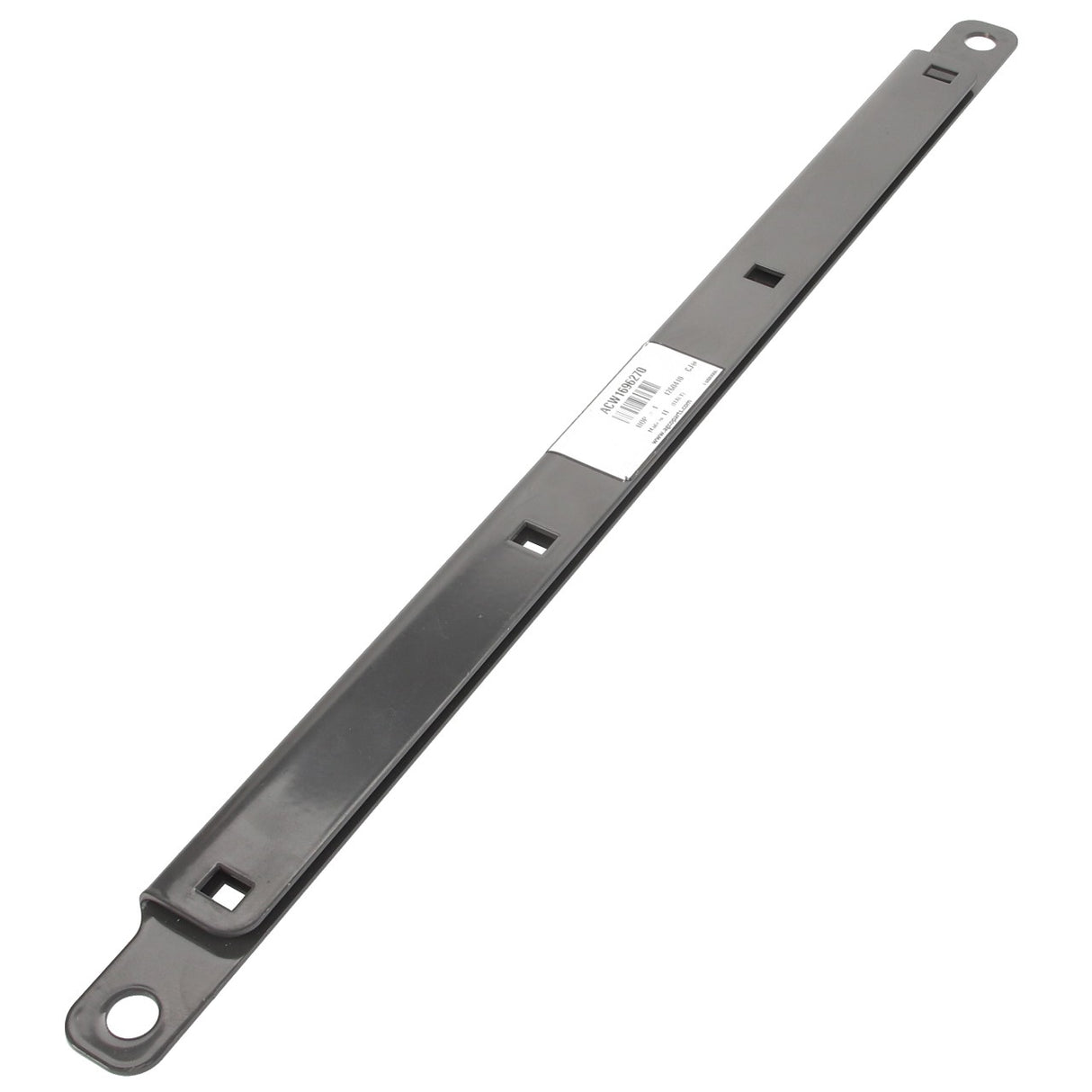 A long, rectangular metal bracket named "Clamp - Acw1696270" by AGCO features a hole at each end and several square cutouts along its length. In the center, there is a white product label with a barcode and some printed text. Please note: No current product description information is available beyond this label.