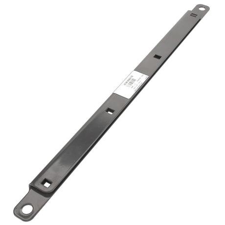 A long, rectangular metal bracket named "Clamp - Acw1696270" by AGCO features a hole at each end and several square cutouts along its length. In the center, there is a white product label with a barcode and some printed text. Please note: No current product description information is available beyond this label.